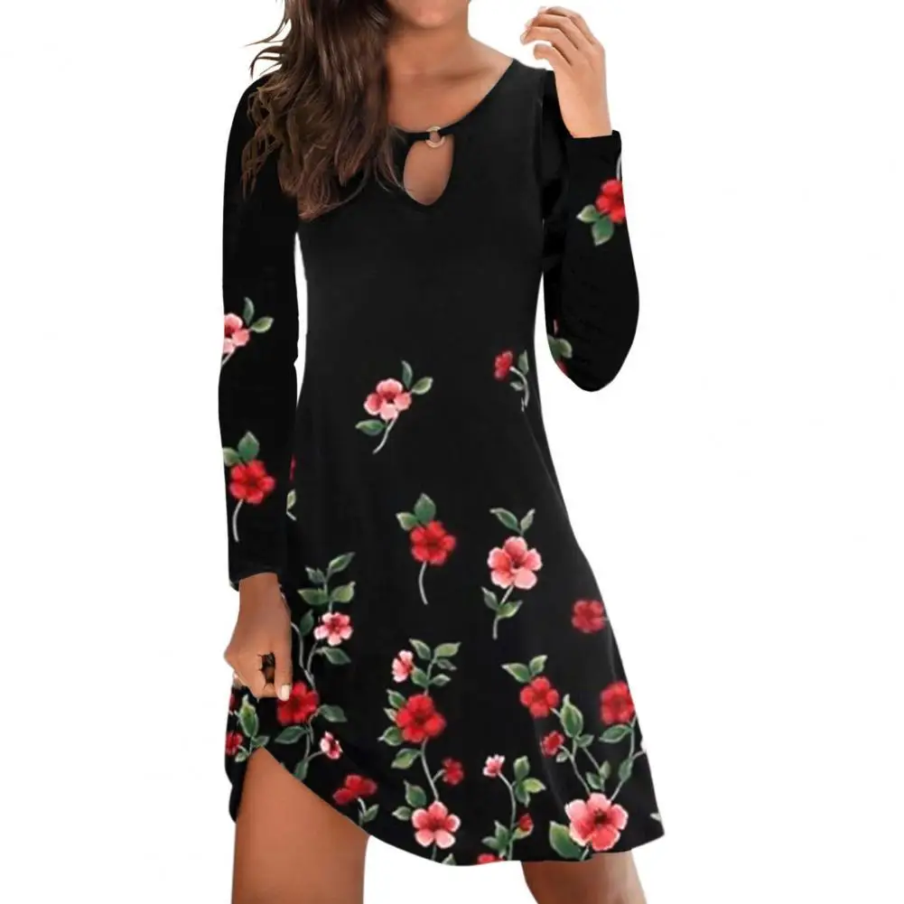 

Women Flower Print Dress Sexy O Neck Hollow Out Long Sleeve Dress Female Elegant A Line Party Vestidos 2021