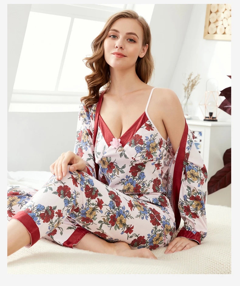 Женский кружевной пижамный комплект Хлопковая пижама на бретельках 3 предмета