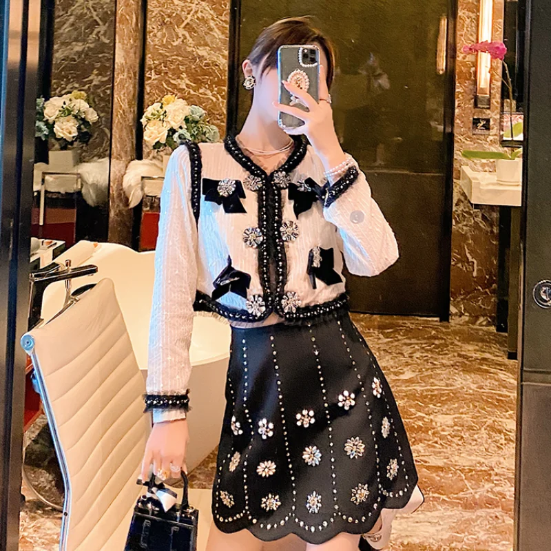 

Fashion Bead Bow Full Sleeve Shirt+High Waist Short Skirt Elegant Outfit Women 2021 Spring and Autumn High Street 2-Piece Set