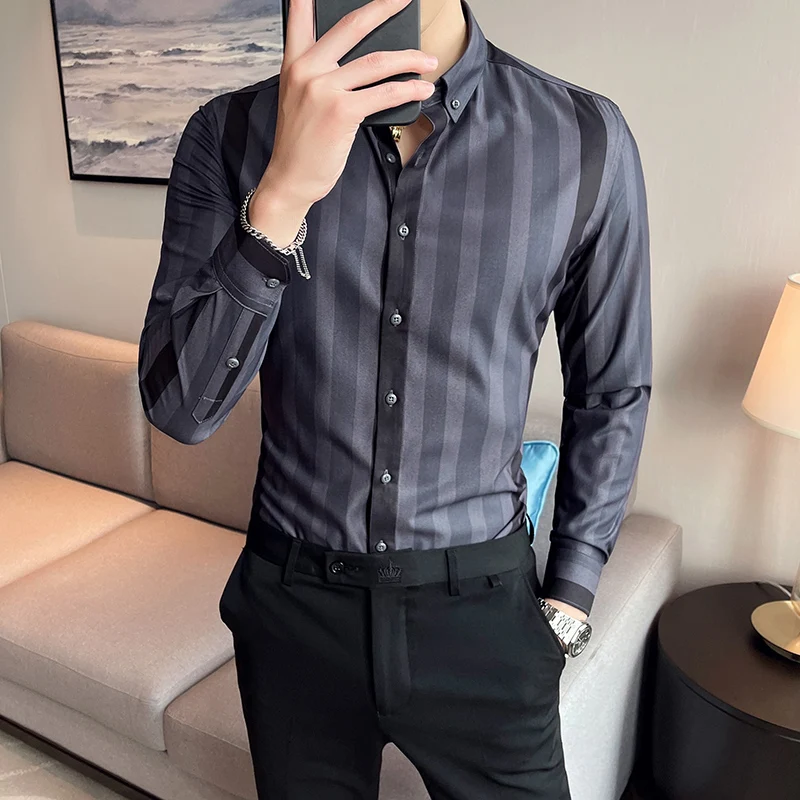 

2021 Autumn Men's Striped Shirt Long Sleeve Slim Business Casual Dress Shirts Social Office Men Clothing Streetwear Party Tuxedo