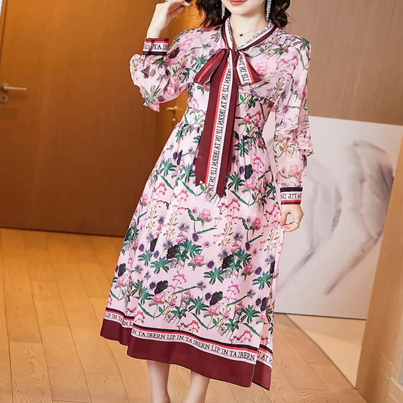 2020 spring new large size Dresses Women female temperament lotus leaf sleeve stitching floral silk print dress long | Женская одежда