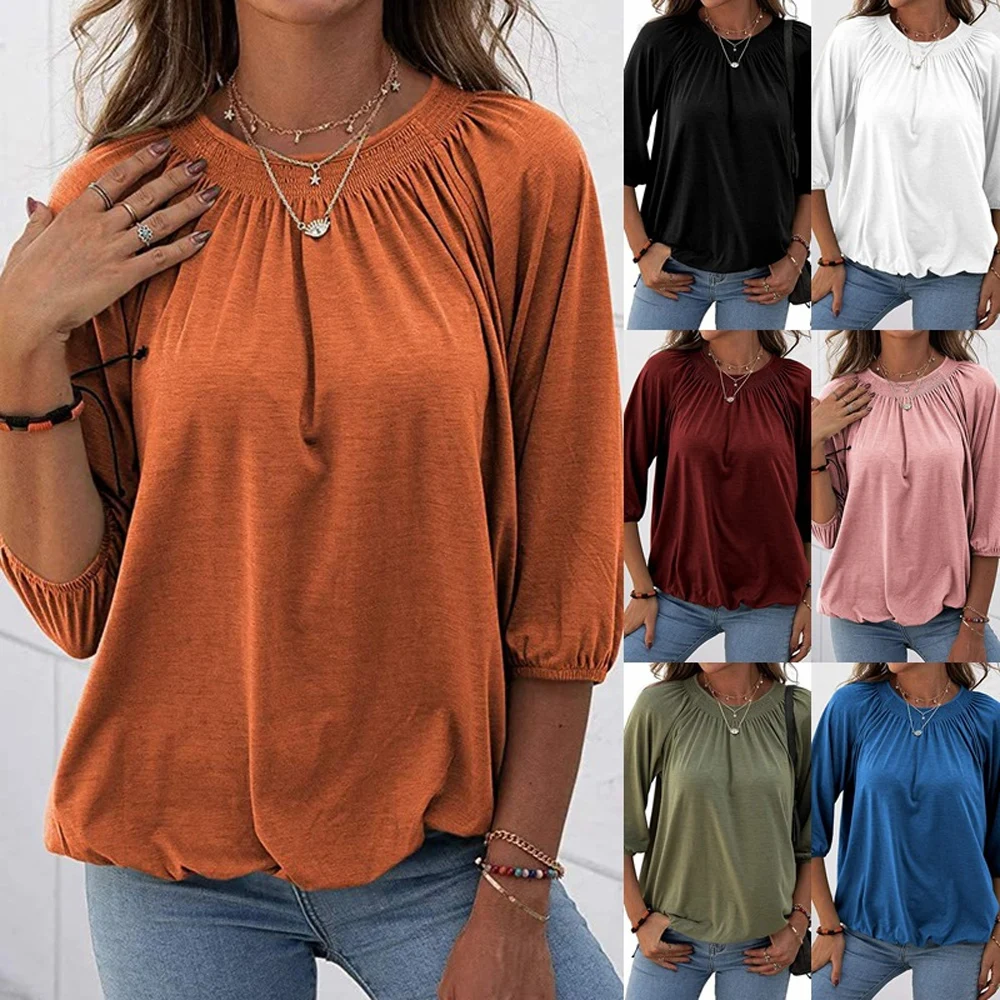 

TSACTE Women'S Autumn New Round Neck Casual Three-Quarter Sleeve T-Shirt Solid Color Pleated All-Match Women