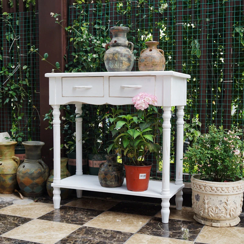 Ручной работы твердая французская консоль стол потертый белый|Пристенный