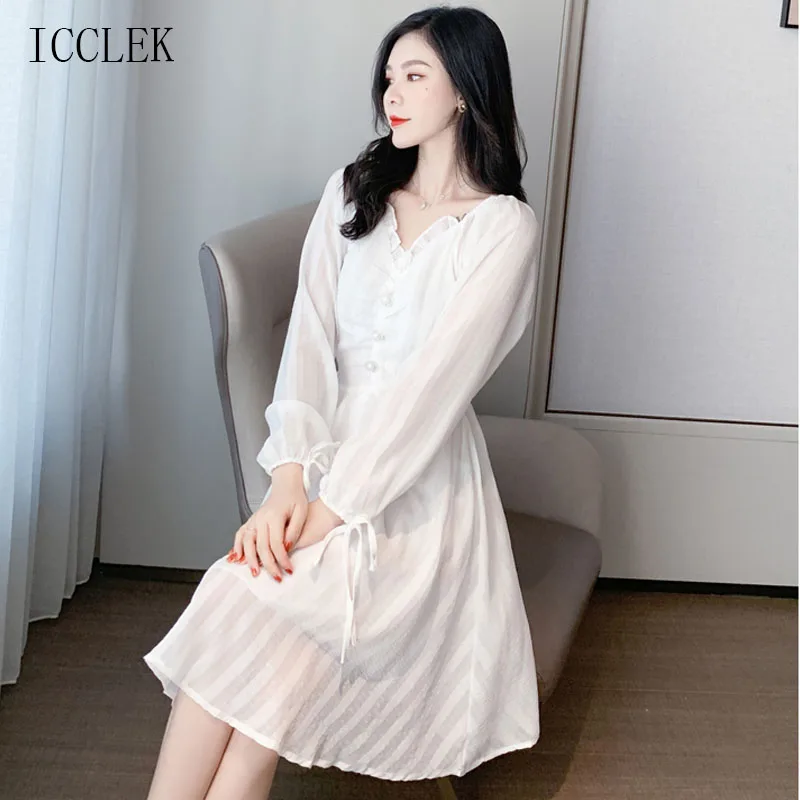 

One-Piece Elegant Women'S Dress 2021 Summer New Niche Design A-Line Dress V-Neck Long Sleeve White Dress Midi Dress Female