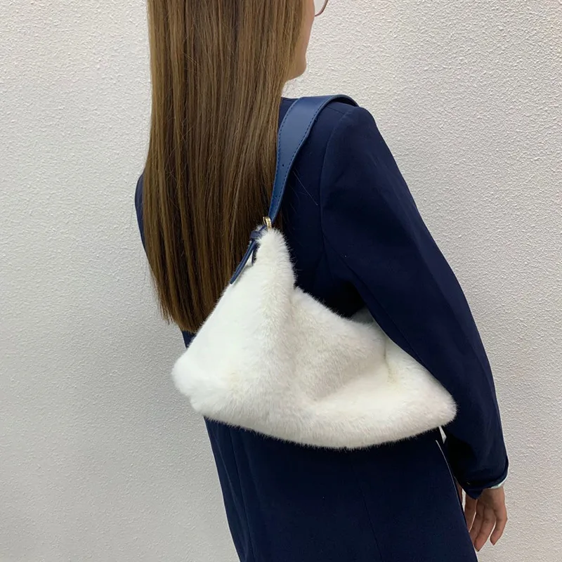 

women winter novelty luxury faux fur shoulder handbag for lady fashion small soft plush white black khaki purle under arm bag