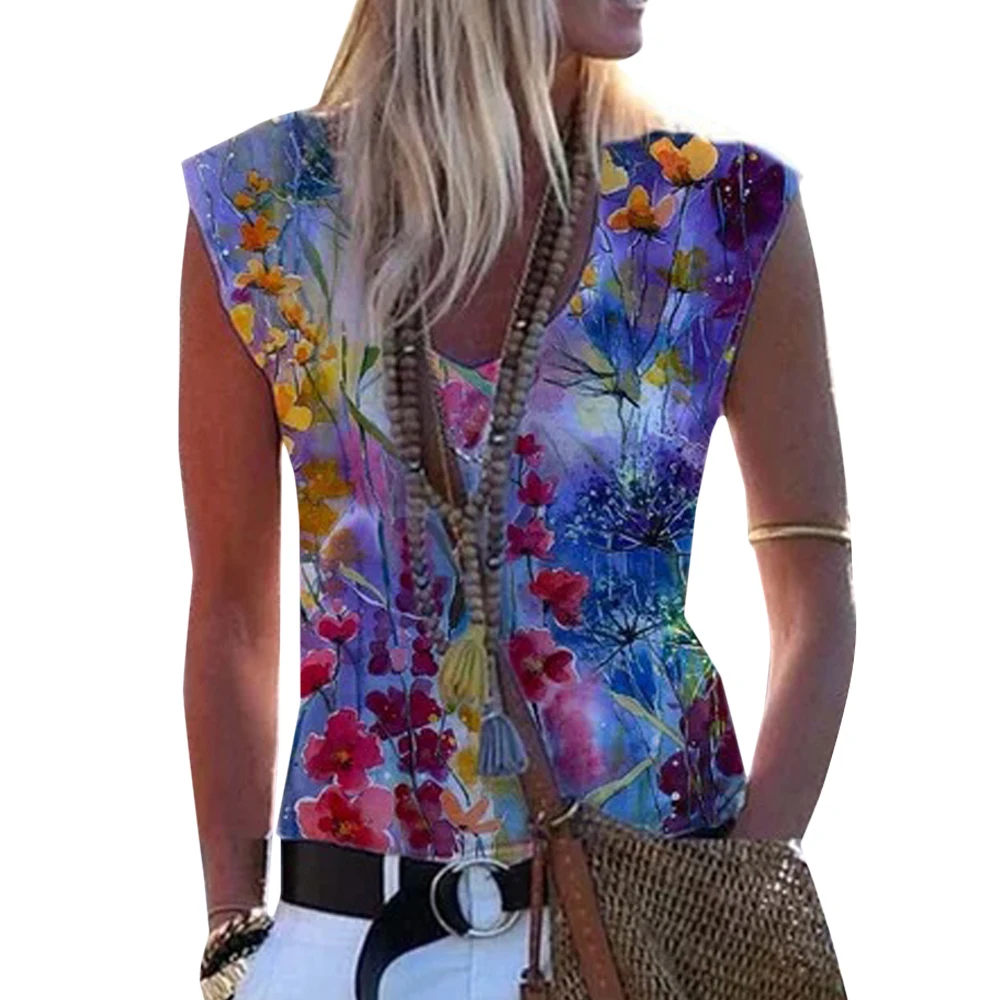 

Women Floral Sleeveless Tank Top T-Shirt Summer Holiday Casual Loose Vest Woman Tshirts