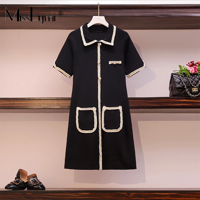 

L-4XL Plus Size Women Tweed Dress Black Summer 2021 Korean Fashion Turn-down Collar Short Sleeve Female Loose Casual Dresses