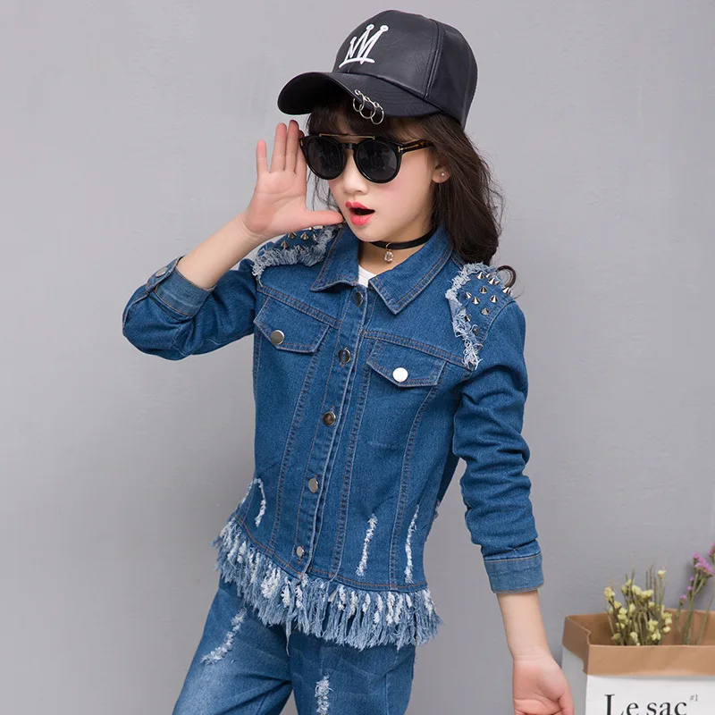 Комплект из 2 предметов модные рубашки и джинсы для девочек Джинсовая Верхняя