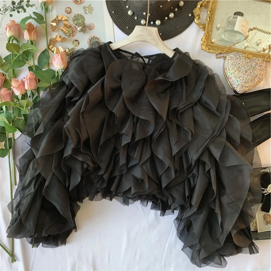 

2021 Summer New Women's Fashion Cascading Ruffled Chiffon Shirt Long Sleeve O-neck Lace Up Pullover