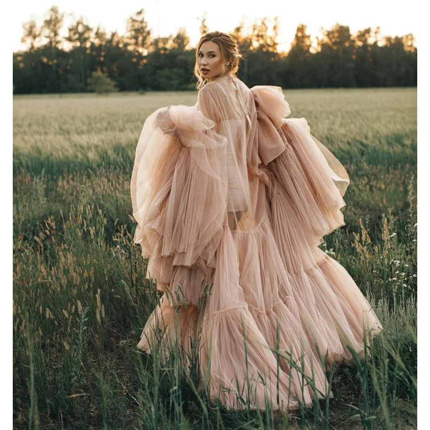 

Maternity Dresses Ruffle Lush Prom Dress Puffy Sheer Full Sleeves Mesh Maternity Pregnant Robes robe de soirée longue