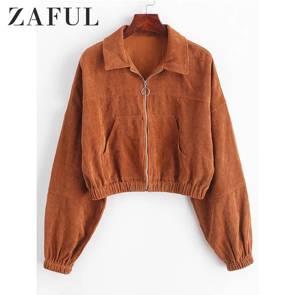 Женская Вельветовая куртка ZAFUL с карманами на плече молнии широкой талией