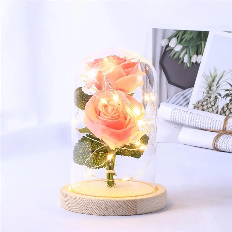 

LED Fairy Light 2pcs Artificial Roses In a Glass Dome Fake Flower LED Night Light Home Party Wedding Decor Mother's Day Gift