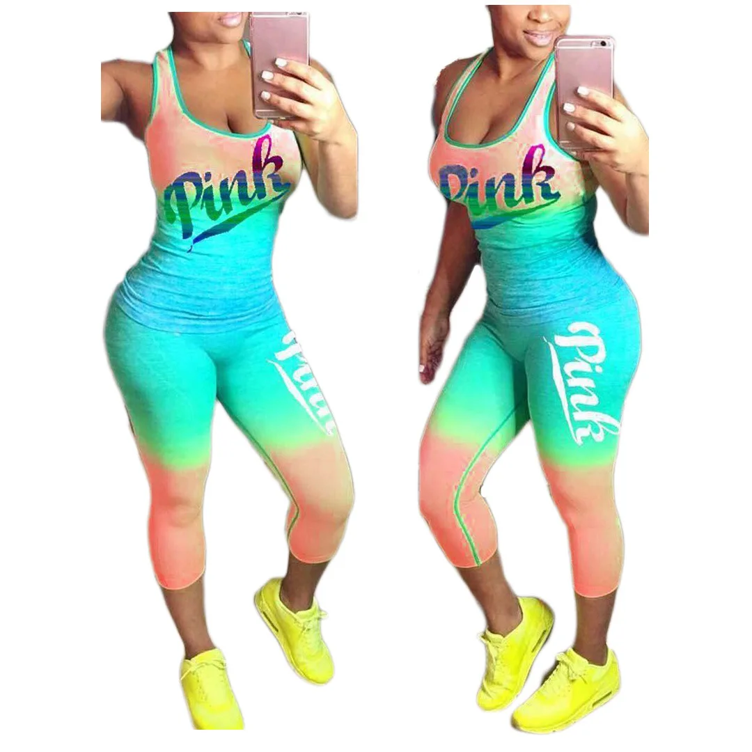 

Summer Casual Sexy 2 Piece Outfit Women PINK Letter Print Tanks Top And Fit Length Pants Gradient Fitness Suits Plus Size XXXL