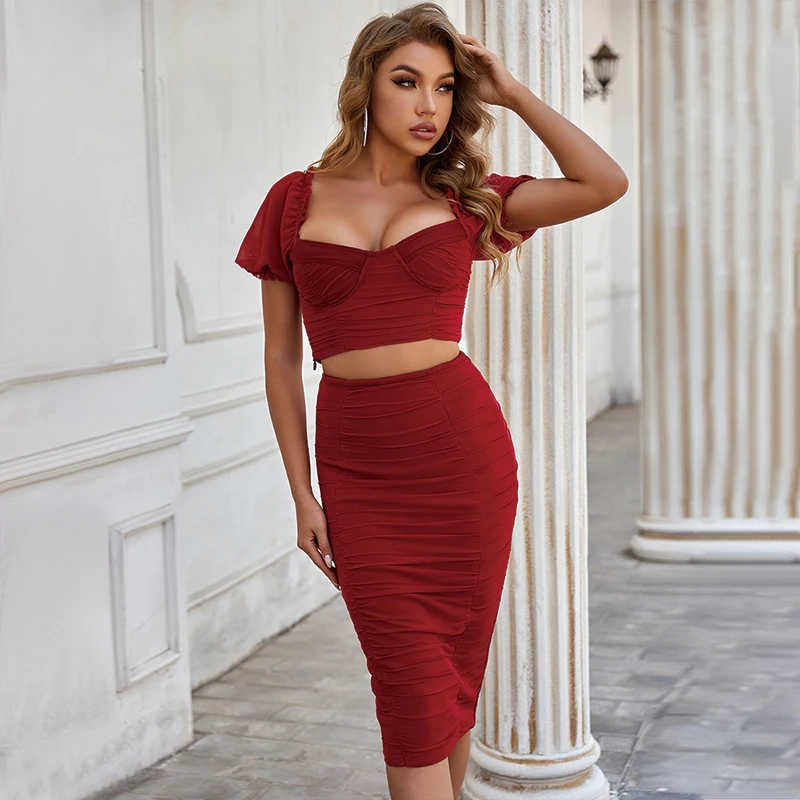 

Sesidy New Summer 2021 Women Bandage 2 Two Pieces Sets Sexy Short Sleeve Tops Skirts Celebrity Runway Outwear Bodycon Party Sets
