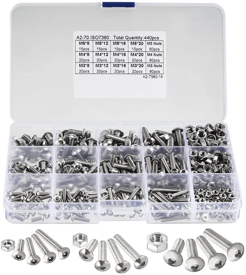 

440pcs M3 M4 M5 Stainless Steel Hex Socket Button Head Cap Bolts Screws Nuts Kit Great for Home Workplace Car