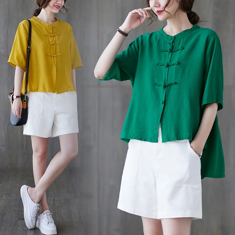 

Chinese Style Traditional Women's Top Retro Frog Shirt Cotton Tang Suit Green and Yellow Solid Color Cardigan Tops Streetwear