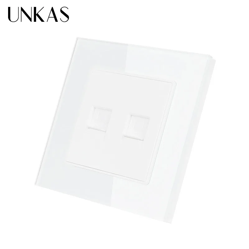 UNKAS White Luxury Crystal Glass Panel Double RJ45 Internet Data Computer Jack CAT5E Connector Outlet Wall Socket | Обустройство дома