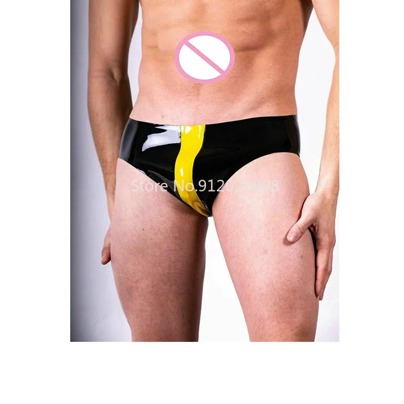 

Handmade Men's Black and Yellow Latex Briefs Rubber Shorts Underwear