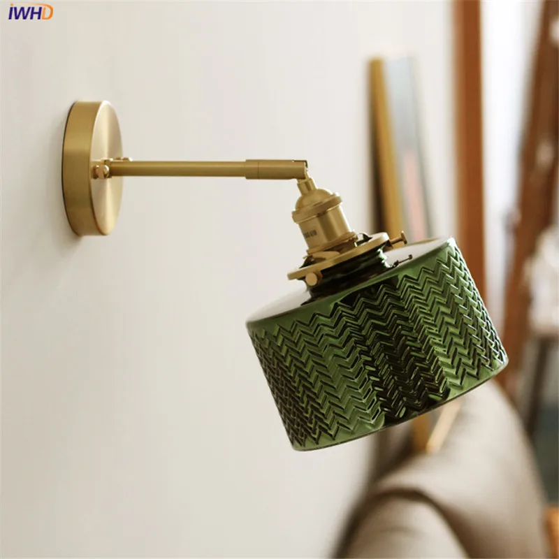 IWHD Green Glass Nordic Wall Lamp Beside Bedroom Bathroom Mirror Light Switch Modern Copper Wall Sconce Lighting Luminaria LED