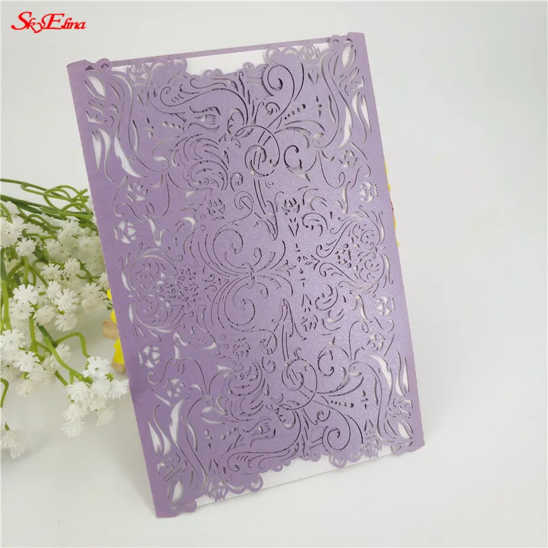 light purple 10/30 шт. белый перламутровой Бумага лазерная резка свадебные приглашения карты с лентой по заказу Свадебный декор вечерние поставки 6z - Цвет: light purple