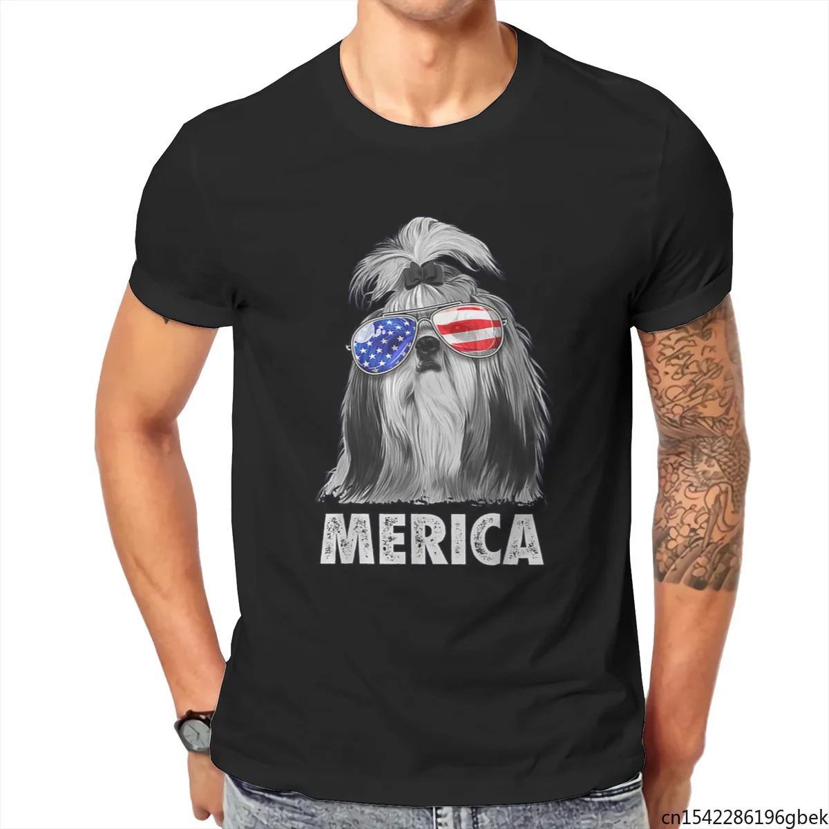 

American Flag Sunglasses Shih Tzu Merica Funny Men's T-Shirt