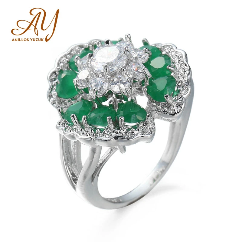 

Женское кольцо с зеленым кристаллом Anillos Yuzuk, свадебное ювелирное изделие из стерлингового серебра 925 пробы геометрической формы с цветком