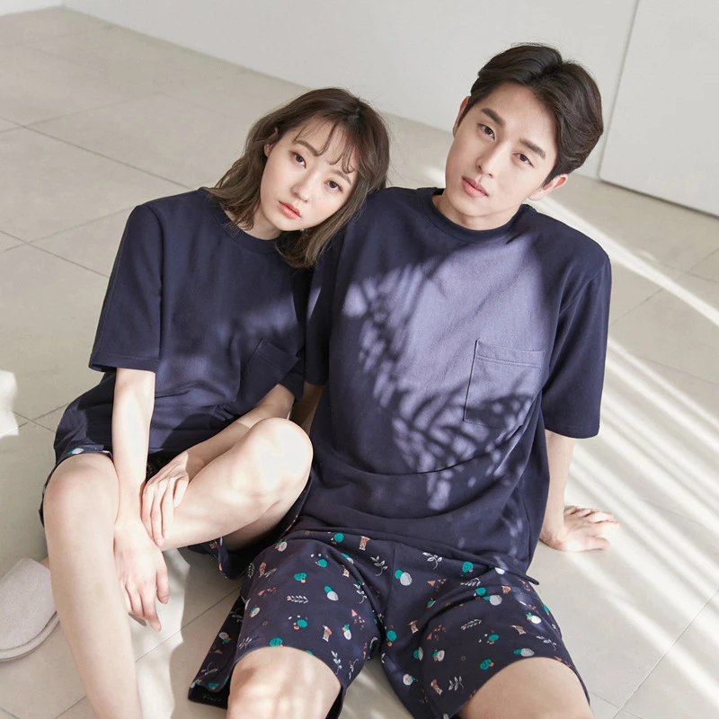 2019 Пижамный костюм для влюбленных хлопковая одежда сна с короткими рукавами и