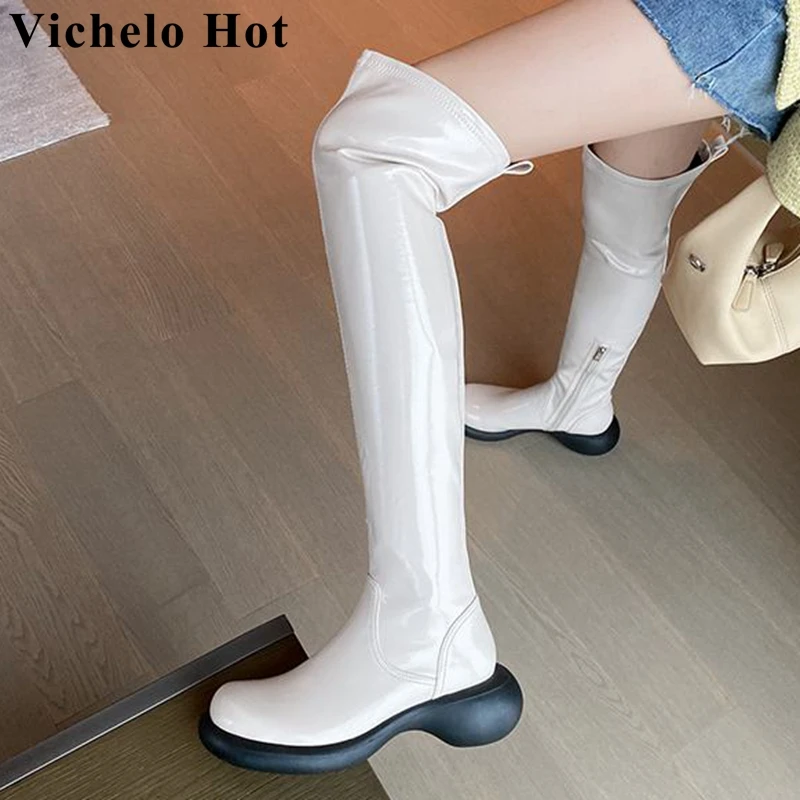 

Vichelo Hot superstar облегающие сапоги зимние водонепроницаемые сапоги выше колена из коровьей спилковой кожи с круглым носком на толстом высоком к...