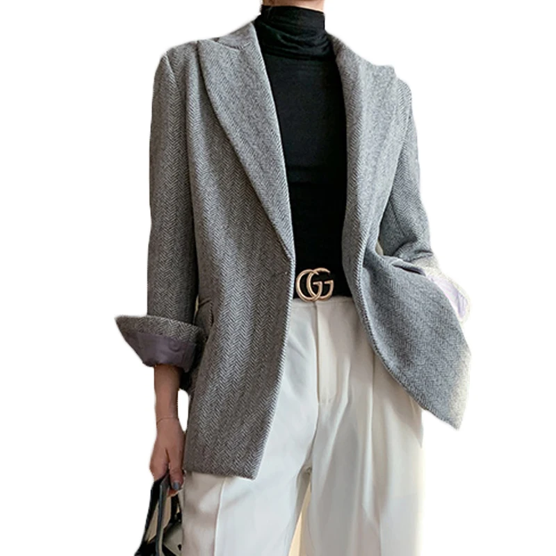 

Casual Retro Herringbone Pattern Woolen Suit Women Nice Autumn Winter Blazer Jackets Pop Lace Mid-length Wool Coat 65a