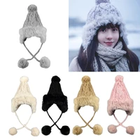 women winter cable knitted trapper hat fluffy plush trim thick faux fleece lining snow ski windproof warm pom pom beanie cap