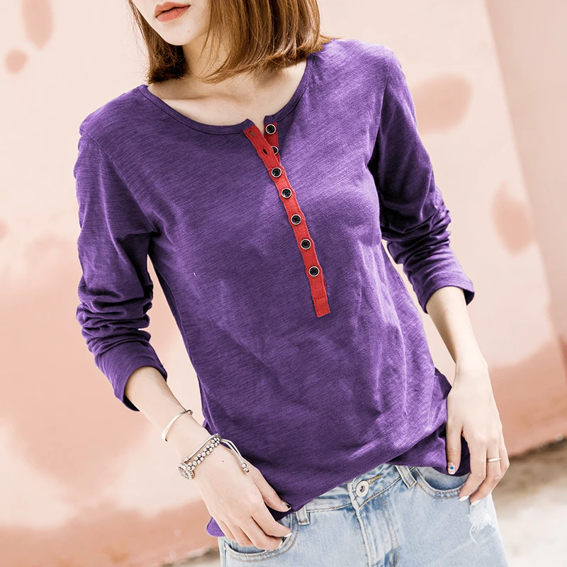2021 летние новые женские футболки с длинными рукавами и пуговицами универсальные