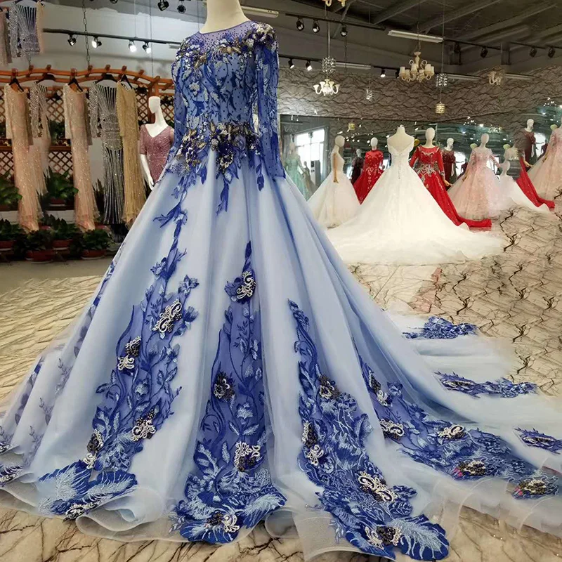 LSS1009 синее платье для мамы невесты с круглым вырезом и длинными рукавами из тюля