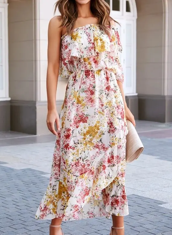 

2021 Dress Women Elegant Sweet French Chiffon Dress Slant Shoulder Floral Long Dress Casual Summer Beach Boho Holiday Dresses