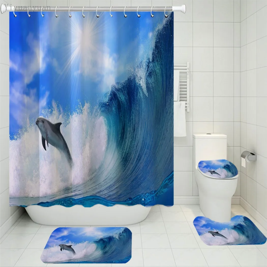 Economici Oceano Mondo Subacqueo Pesce Squalo Sigillo Stampa 3D Tenda Da Doccia Impermeabile Con Tappeto Copriwater Tappetino Da Bagno Set Decorazioni Per Il Bagno