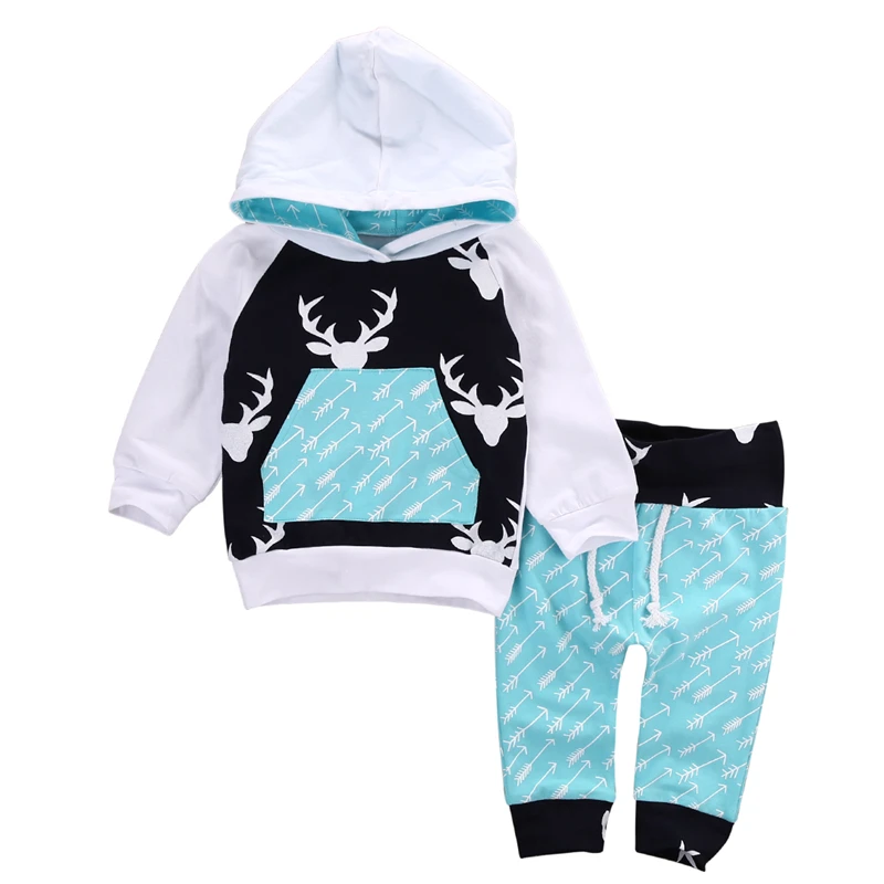 

Newborn Toddler Kids Clothes Long Sleeve Deer Print Hooded Tops Arrow Pants Trouser 2PCS Outfit Baby Boy Girl Clothing Set 0-5Y