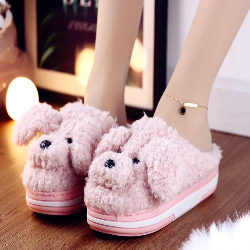 

Autumn Winter Cotton Slippers Fur Dog Home Warm Thick Bottom Indoor Cotton Shoes Womens Slippers Cute Fluffy Cat Slippers