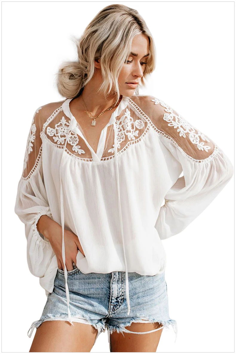 

2021 Summer Lace Printed Shirt Women's Thin New European Version V-neck Long Sleeve Pullover Loose Top