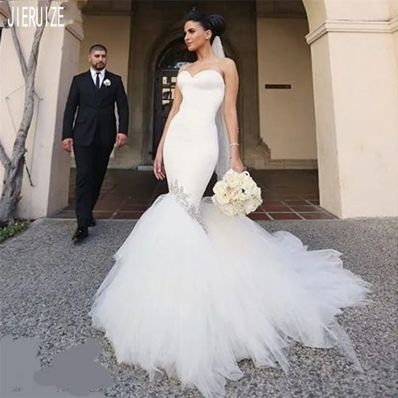 

JIERUIZE Generous Chapel Mermaid Wedding Dresses Sweetheart Neck Backless Crystals Bridal Gowns robe de mariee Wedding Gown
