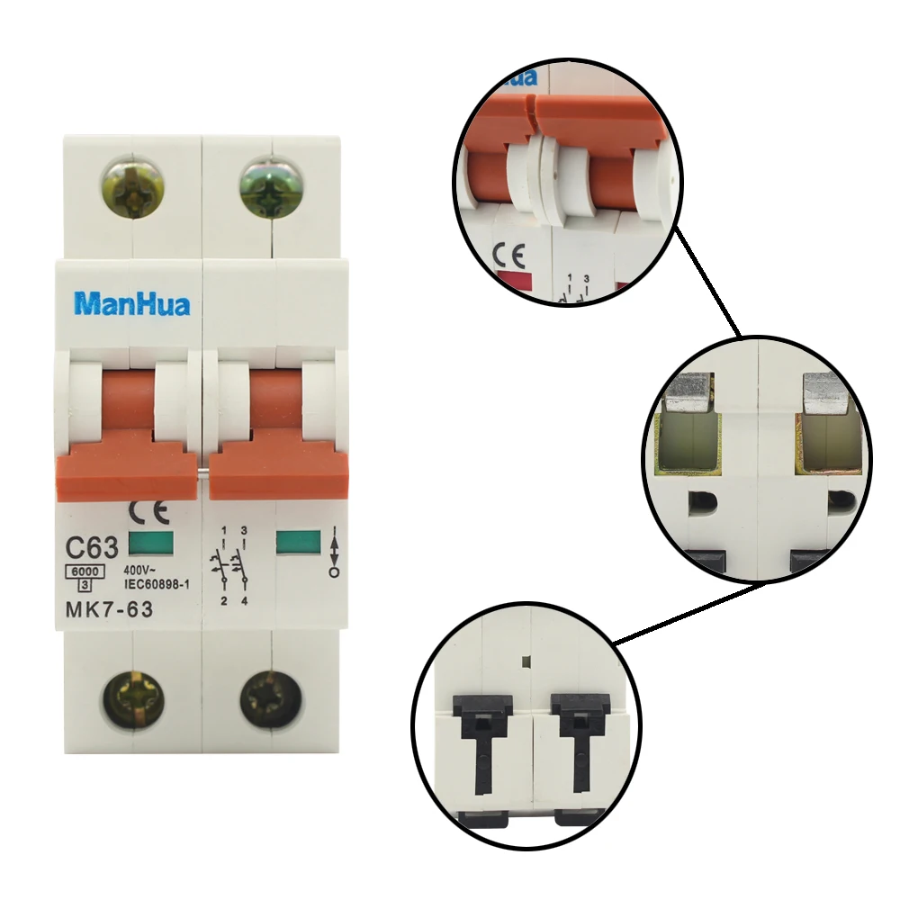 Manhua MCB MK7-63 C63 2P 63A 400VAC breaking capacity Overload Protection Short circuit protection Miniature Circuit Breaker |
