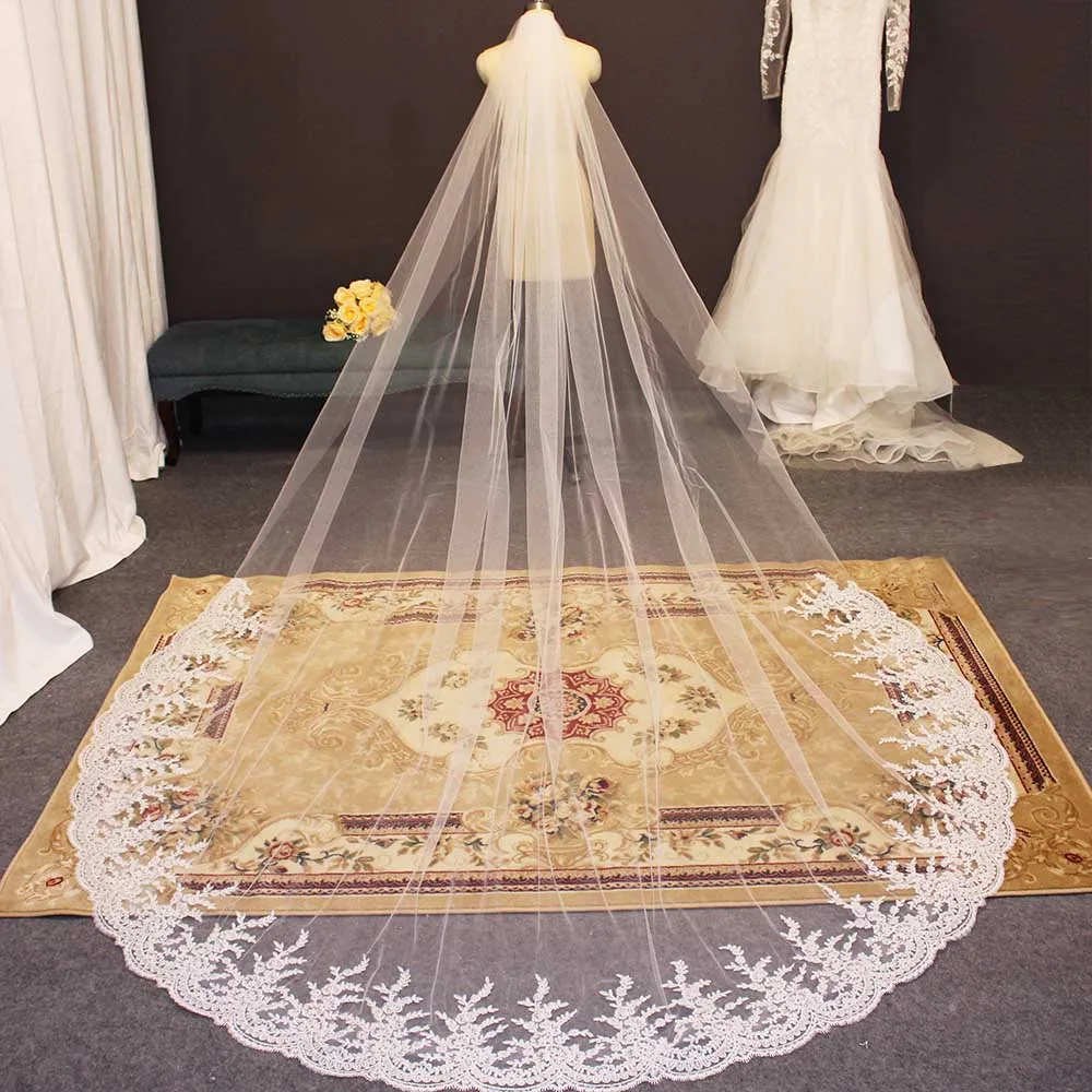 Кружевная Длинная свадебная фата высокого качества с гребнем для невесты