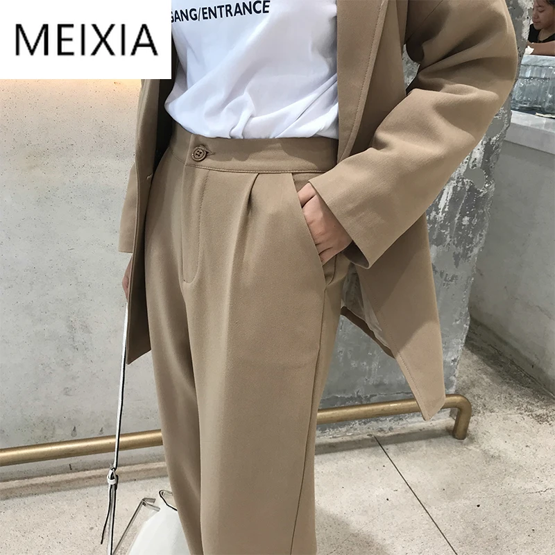 

MEIXIA Autumn Winter WCasual Turn-down Collar Double Breasted Khaki Top + Pant Button Pockets Office Lady Suit 2 Piece Set