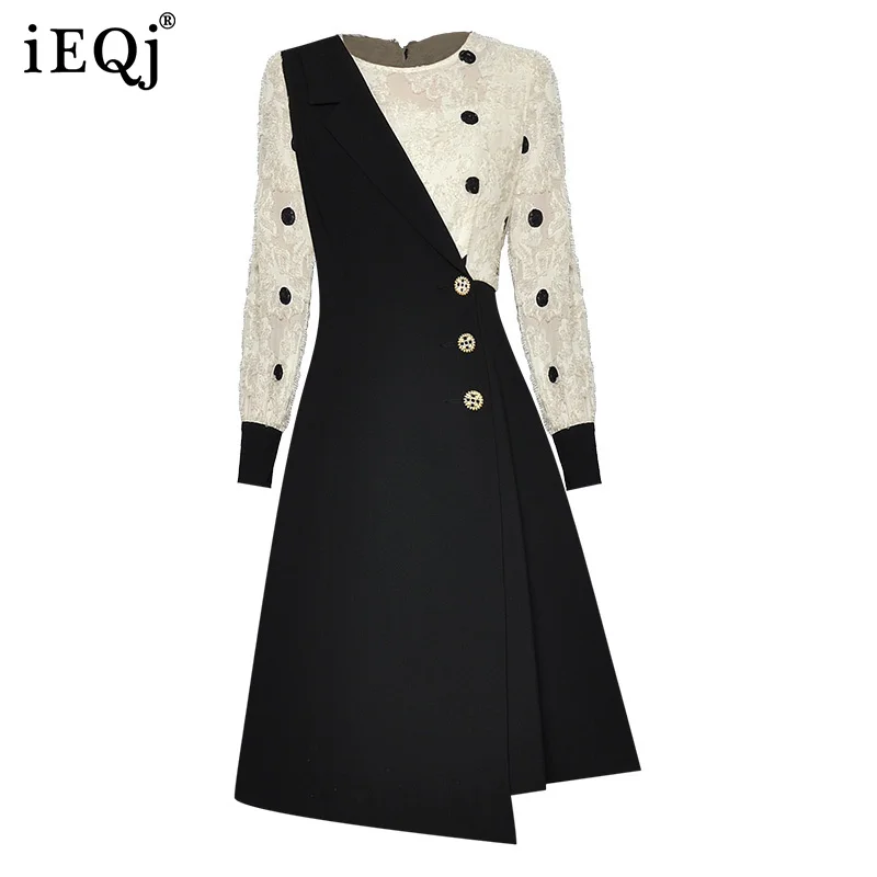 

IEQJ 2021 Autumn Round Neck Long Sleeve Wave Point Contrast Color Patchwork Fashion Waist Single Breasted Dress 7C5589
