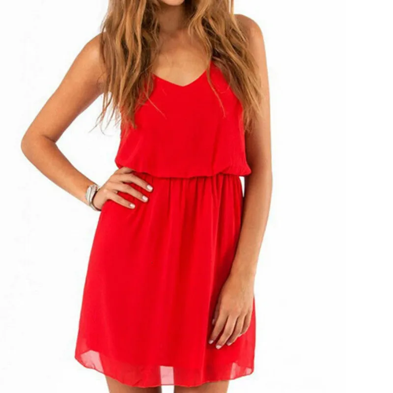 Women Summer Dress V-Neck Spaghetti Strap Casual Mini Boho Beach Red Black Sundress |