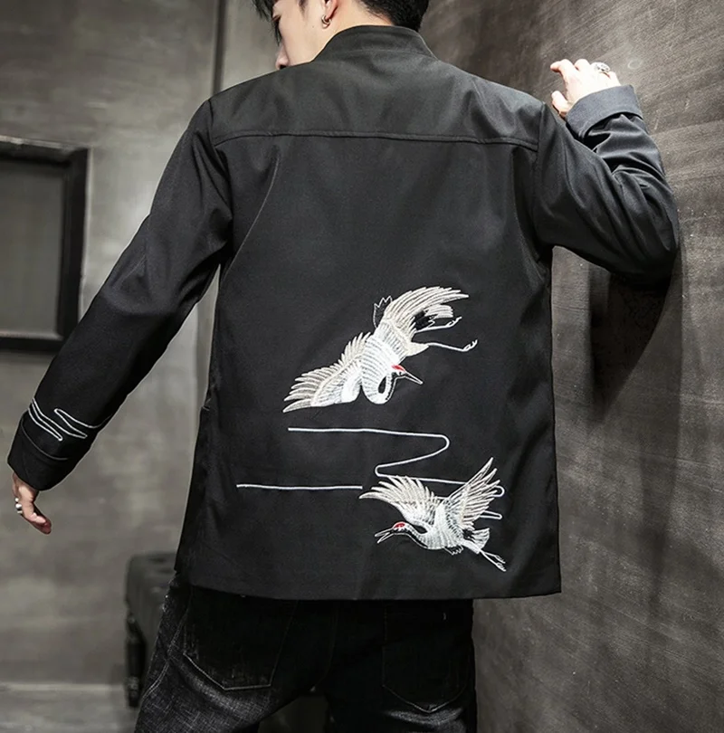 

Мужская винтажная куртка-кимоно с вышивкой журавлей, с китайским воротником