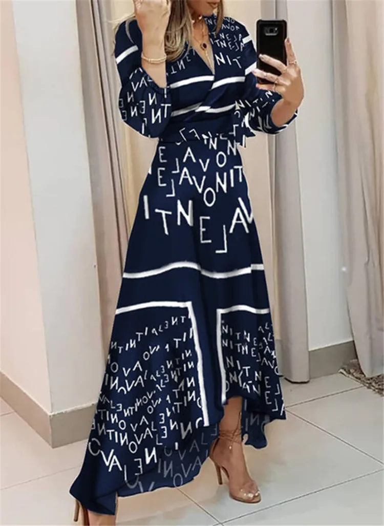 

Женское Элегантное Длинное платье модное платье с v-образным вырезом и длинным рукавом с высокой талией с большим подолом с буквенным принт...