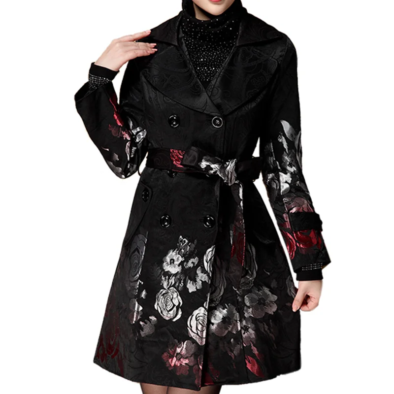 Spring Fashion Trench Coat for Woman Rose Jacquard Coat Women's Windbreaker Size S-4XL Womens Black Trench Coat AC-59