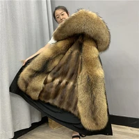 2021 new winter womens leather coat long raccoon fur fur lining hooded parka big raccoon fur collar warm fur coat jacket