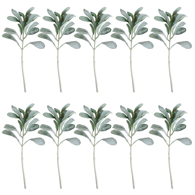 

10 Pcs Artificial Flocked Lambs Ear Leaves Dusty Miller Stems Flocked Oak Leaves Lamb's Ear Leaf for Home Wedding DIY