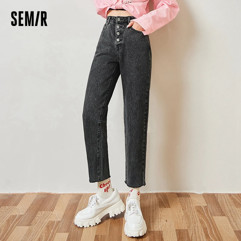 

SEMIR Jeans Women High Waist Retro 2021 Autumn New Style Cotton Niche Stitching Straight Nine-Point Pants