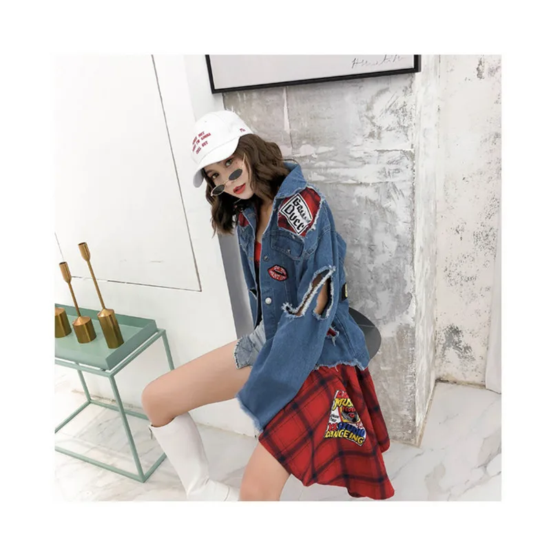 

Tide brand women 2020 new hole badge stitching plaid denim jacket loose mid-length letters cartoon denim fashion street clothes